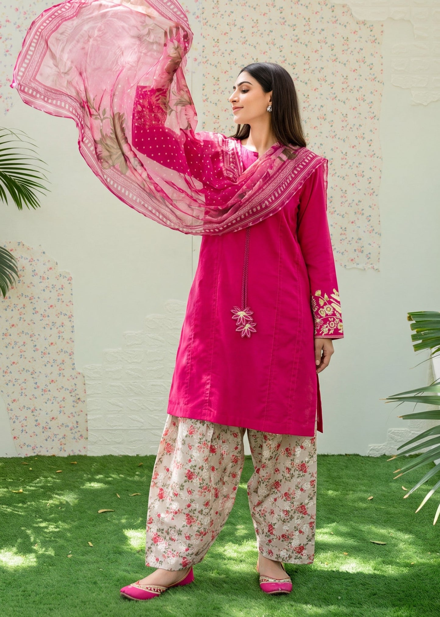 Red Embroidered Farshi Shalwar Lawn Suit Online in Sri Lanka India Australia
