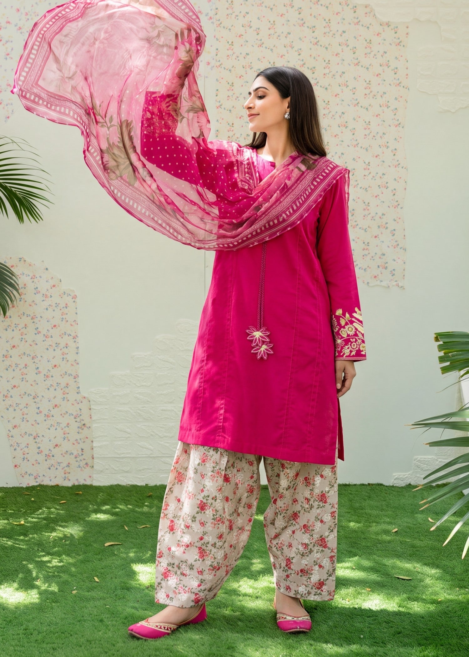 Red Embroidered Farshi Shalwar Lawn Suit Online in Sri Lanka India Australia