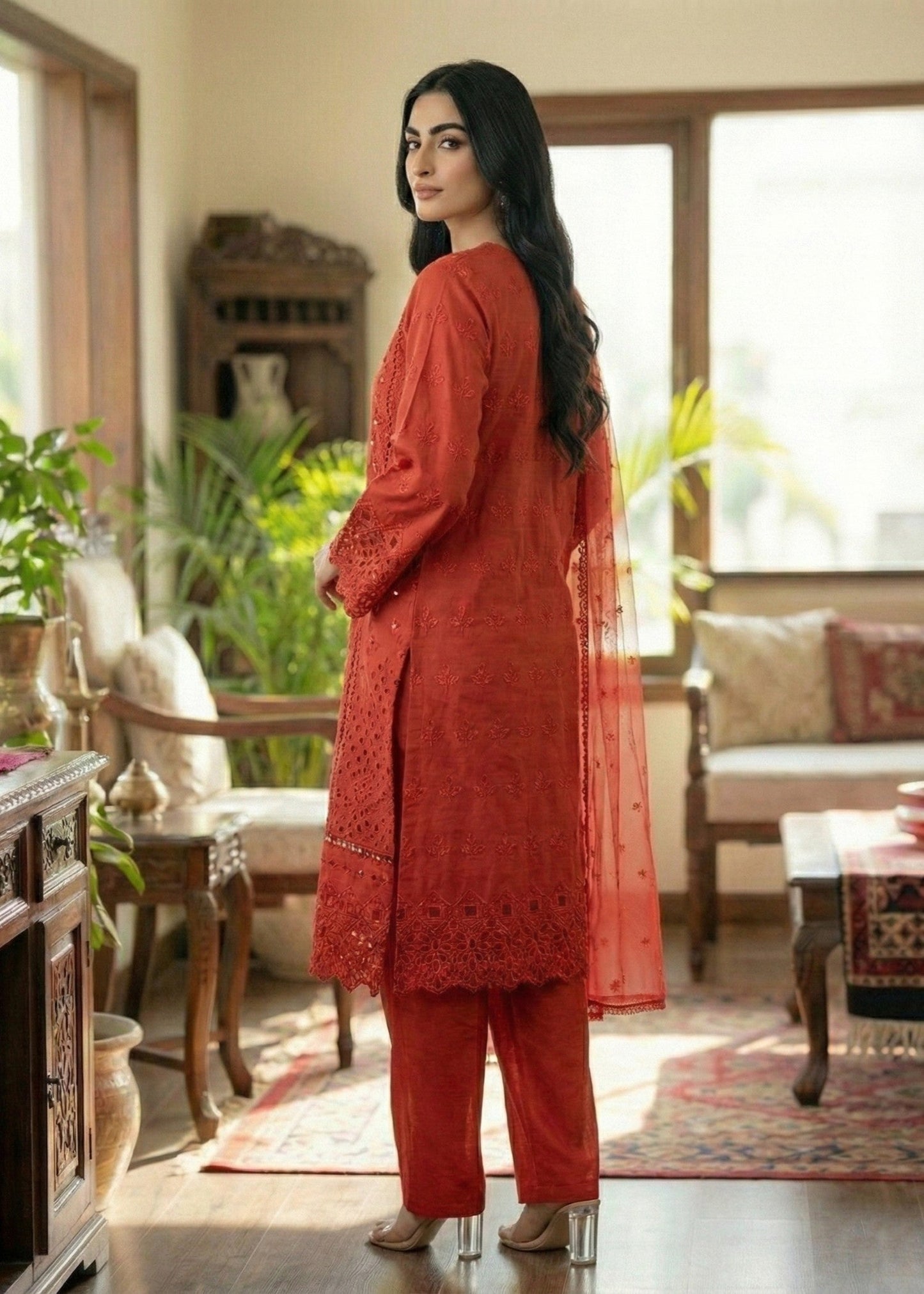 Red Embroidered Festive Wear Salwar Kameez Online in KSA Riyadh Saudi Arabia Oman Bahrain Qatar