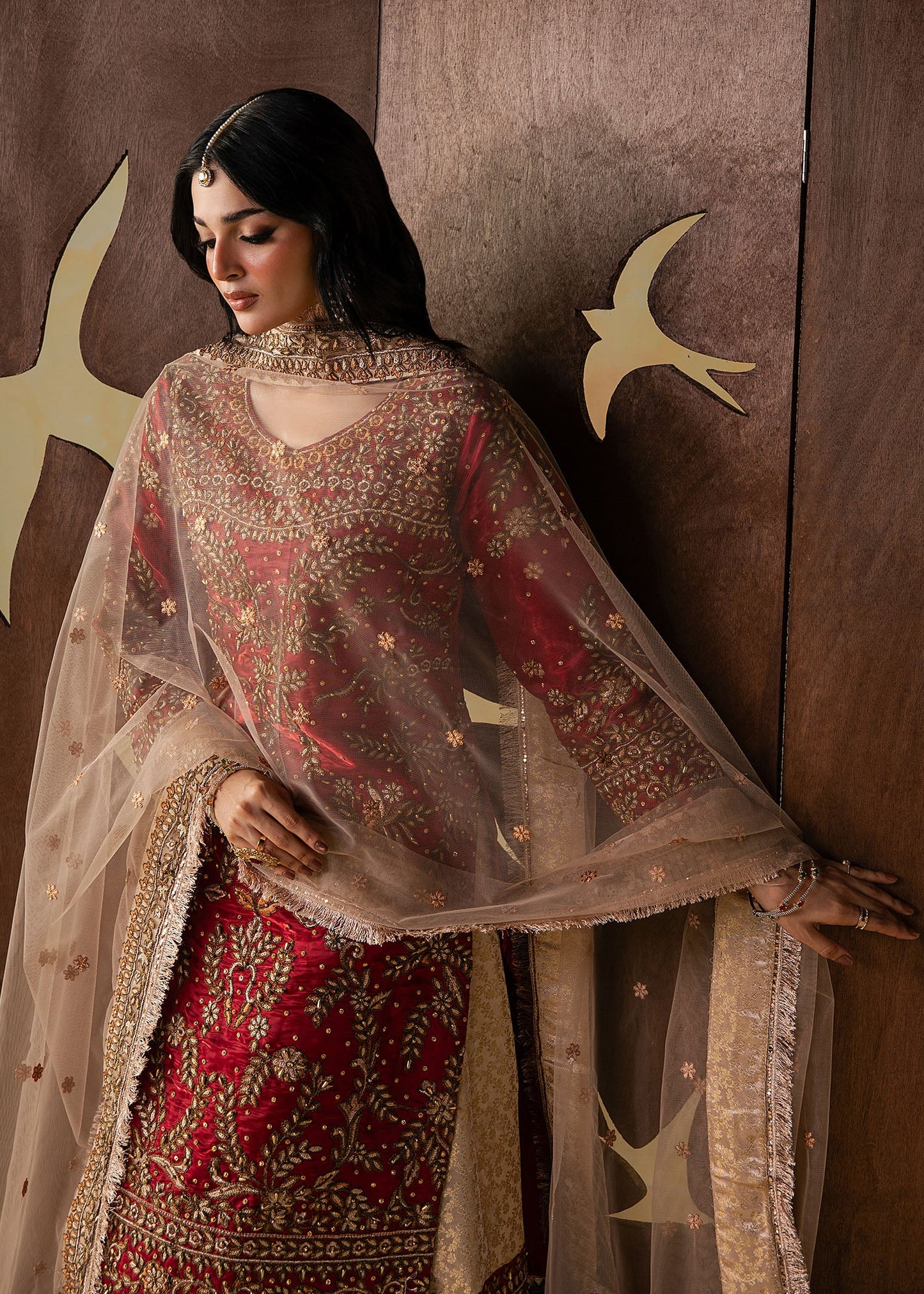 Red Embroidered Gharara Set with Net Dupatta Online in UK USA Canada