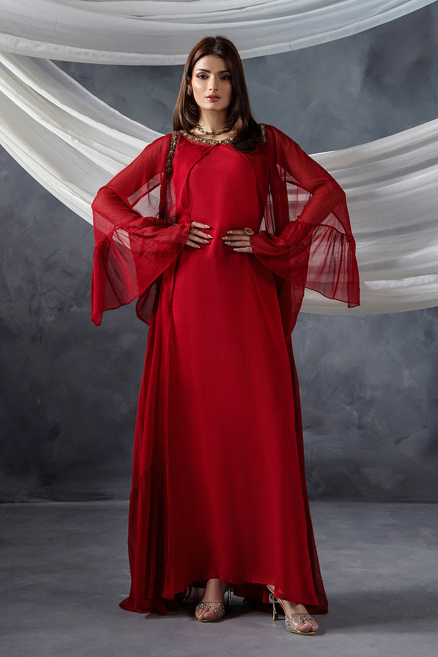 Red Embroidered Indowestern Salwar Kameez Online in KSA Riyadh Saudi Arabia Oman Bahrain Qatar
