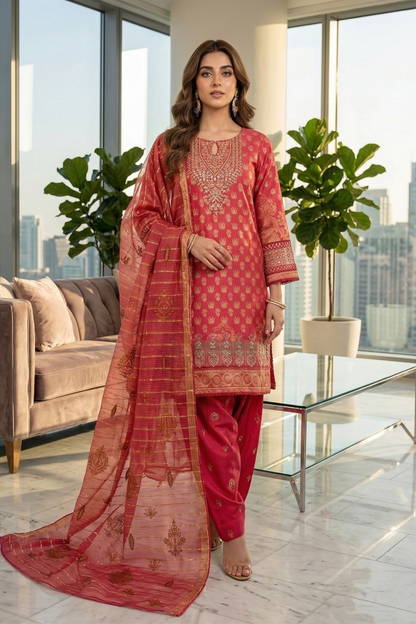 Red Embroidered Jacquard Farshi Shalwar Suit Online in Dubai UAE Abudhabi Ajman Sharjah