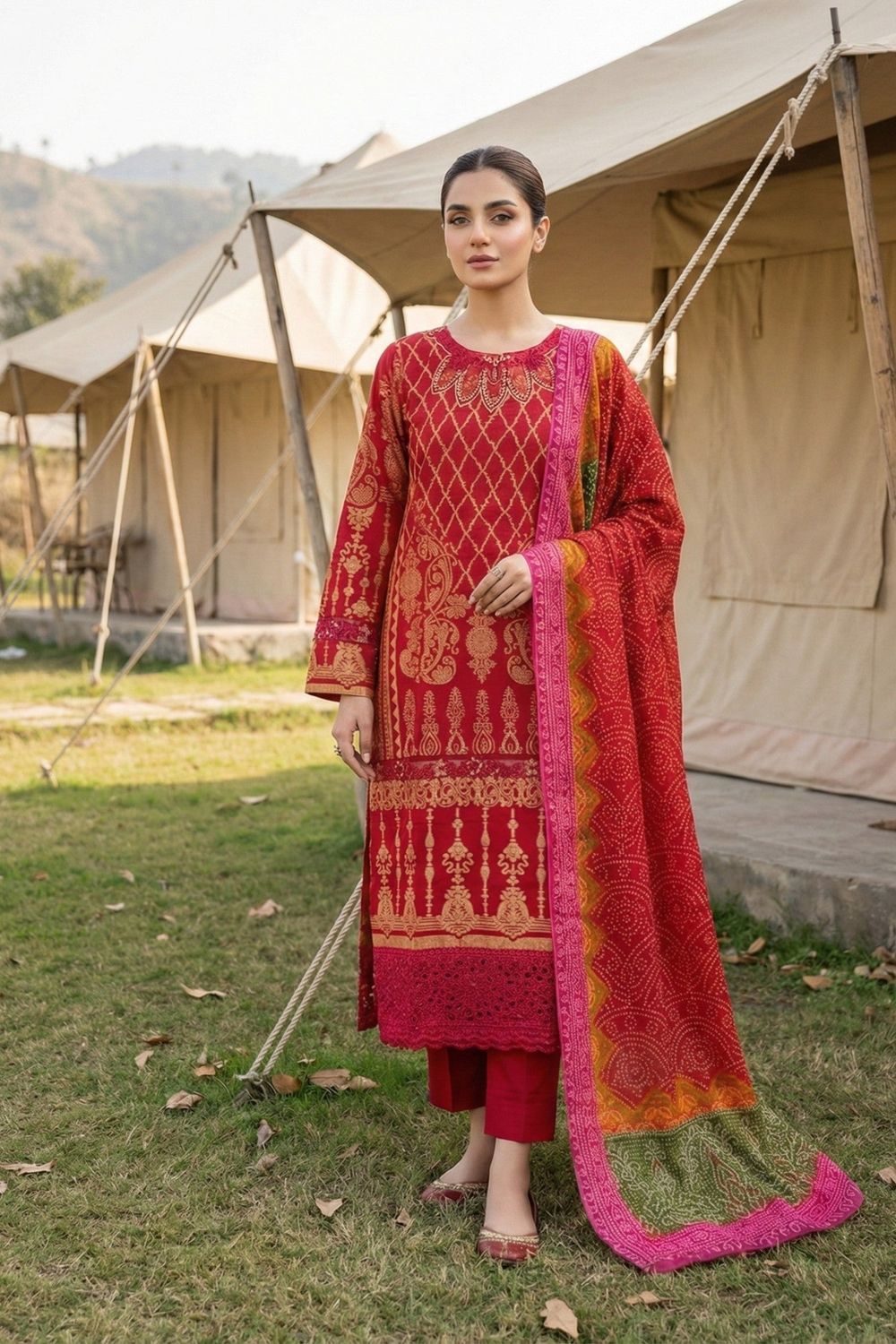 Red Embroidered Jacquard Festive Suit Online in Dubai UAE Abudhabi Ajman Sharjah