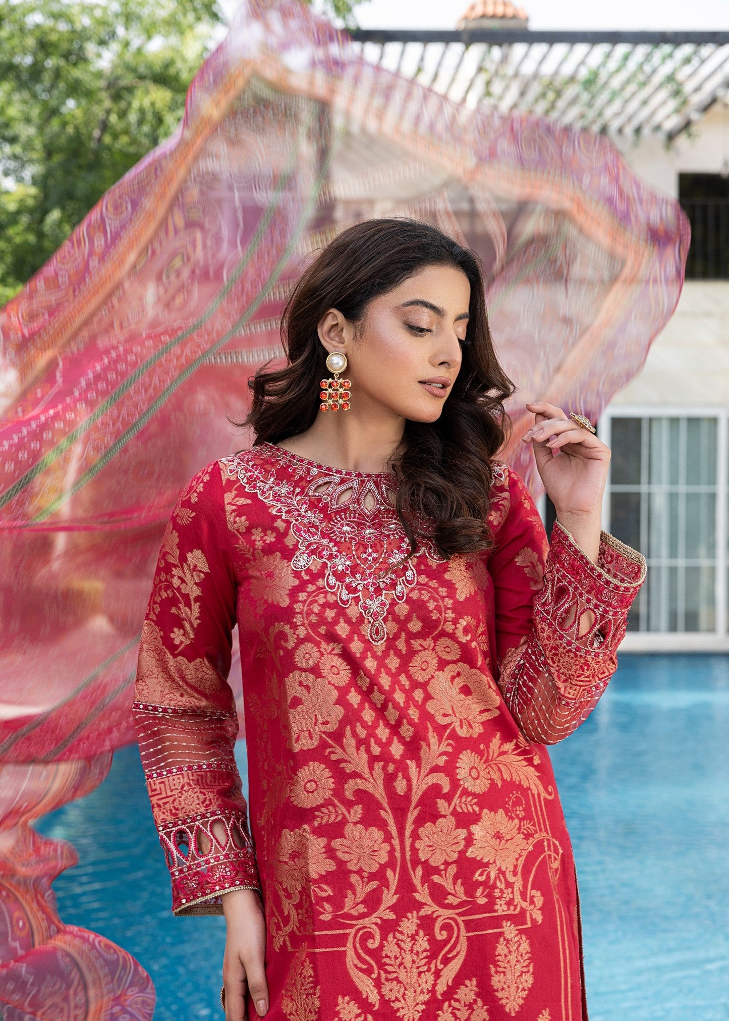 Red Embroidered Jacquard Partywear Kurta Pajama Online in Dubai DXB UAE Abudhabi Meena Bazaar
