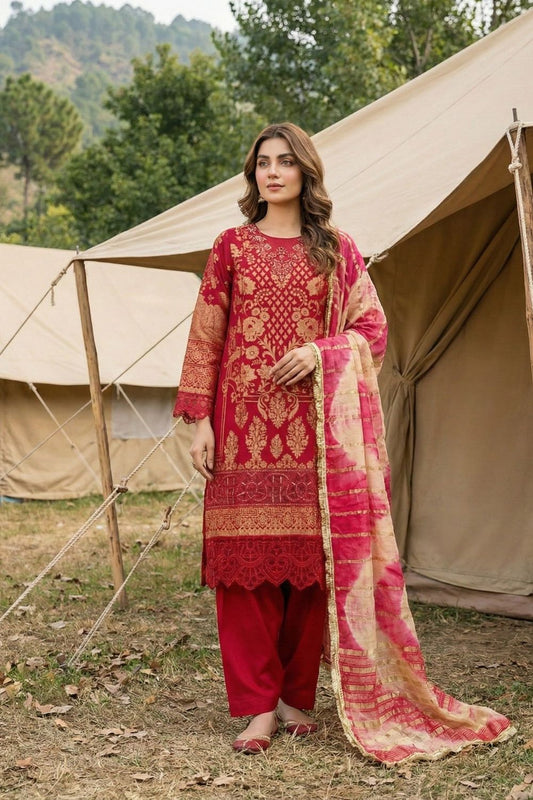 Red Embroidered Jacquard Partywear Suit Online in Dubai UAE Abudhabi Ajman Sharjah