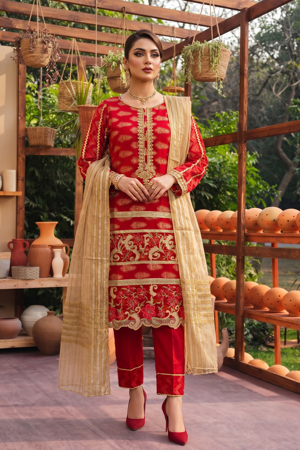 Red Embroidered Jacquard Straight Kurta Suit Online in Dubai UAE Abudhabi Ajman Sharjah