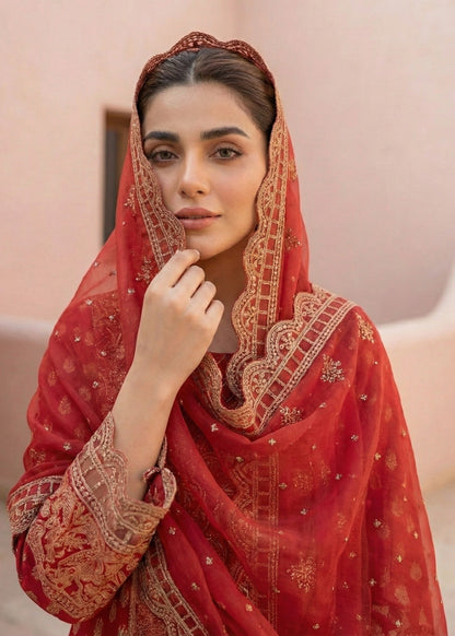 Red Embroidered Lawn Cotton Trouser Suit Online in Sri Lanka India Australia
