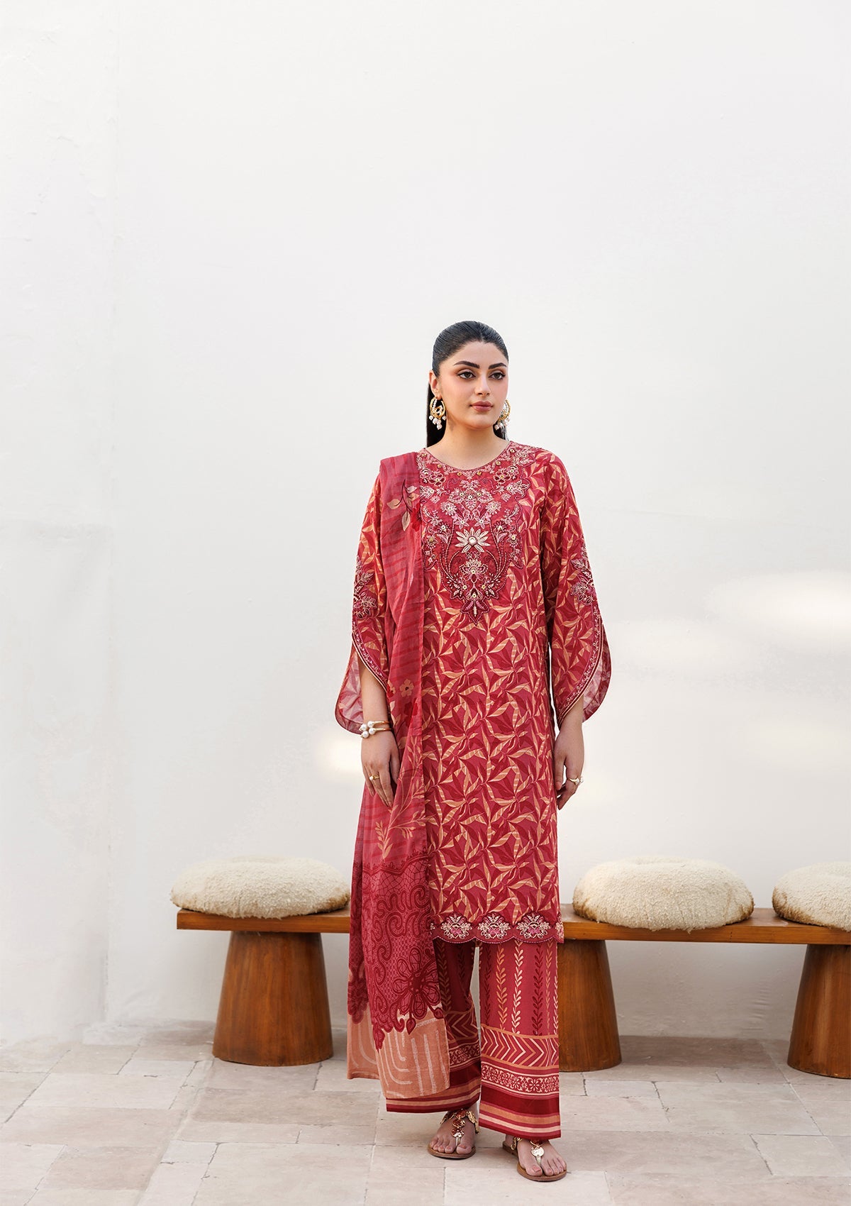 Red Embroidered Lawn Dress Material Online in Dubai UAE Abudhabi Ajman Sharjah