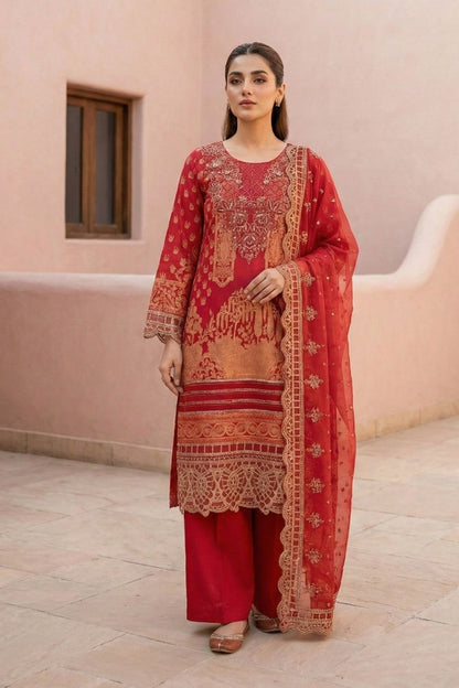 Red Embroidered Lawn Festive Suit Online in Dubai UAE Abudhabi Ajman Sharjah
