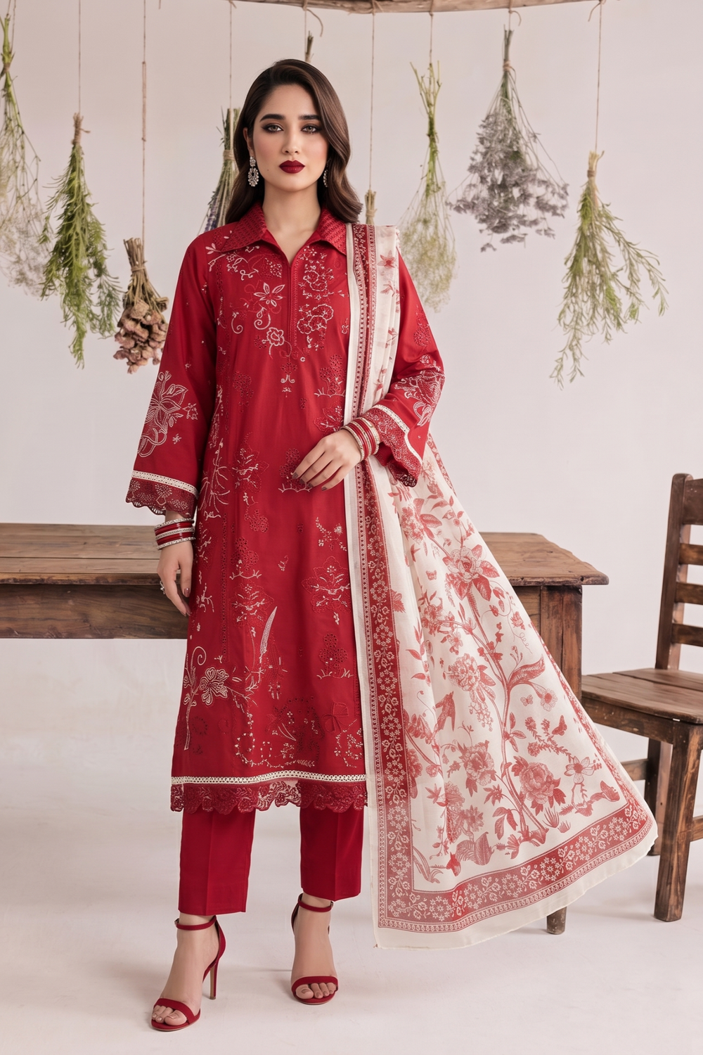 Red Embroidered Lawn Festive Suit Online in Dubai UAE Abudhabi Ajman Sharjah
