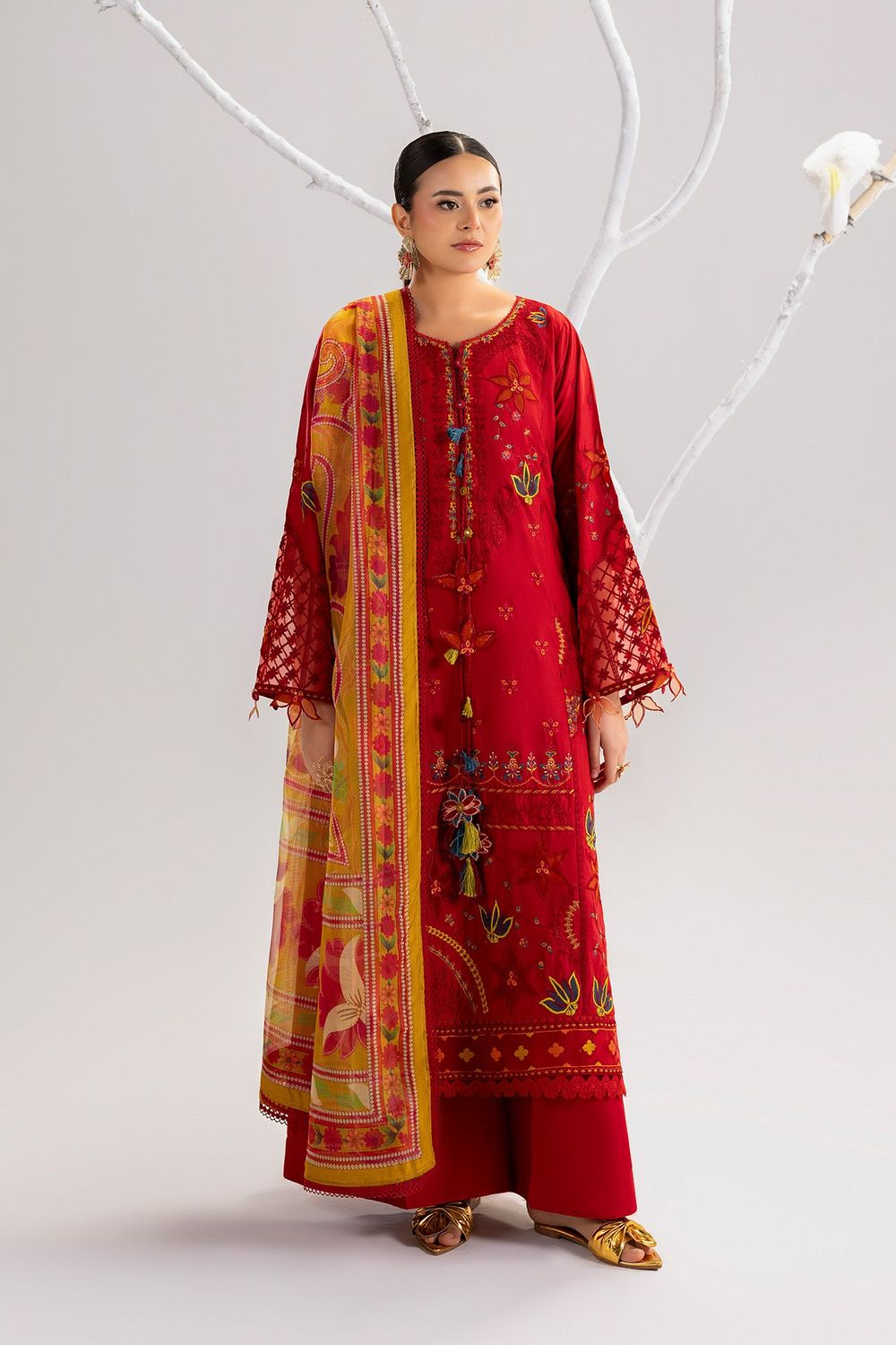 Red Embroidered Lawn Festive Suit Online in Dubai UAE Abudhabi Ajman Sharjah