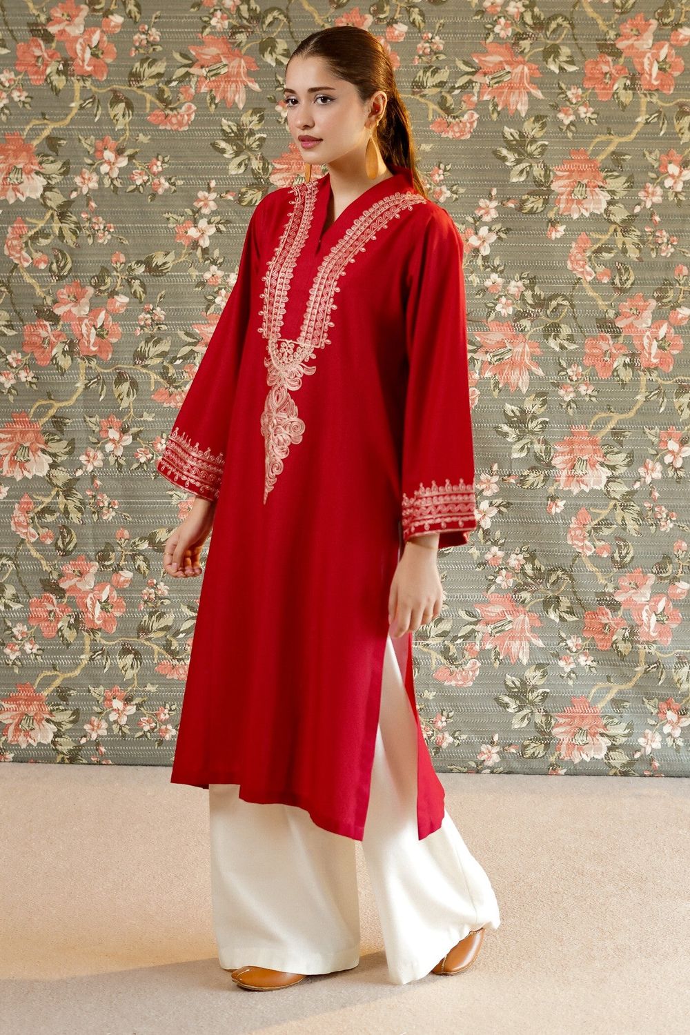 Red Embroidered Lawn Kurta Online in Dubai UAE Abudhabi Ajman Sharjah