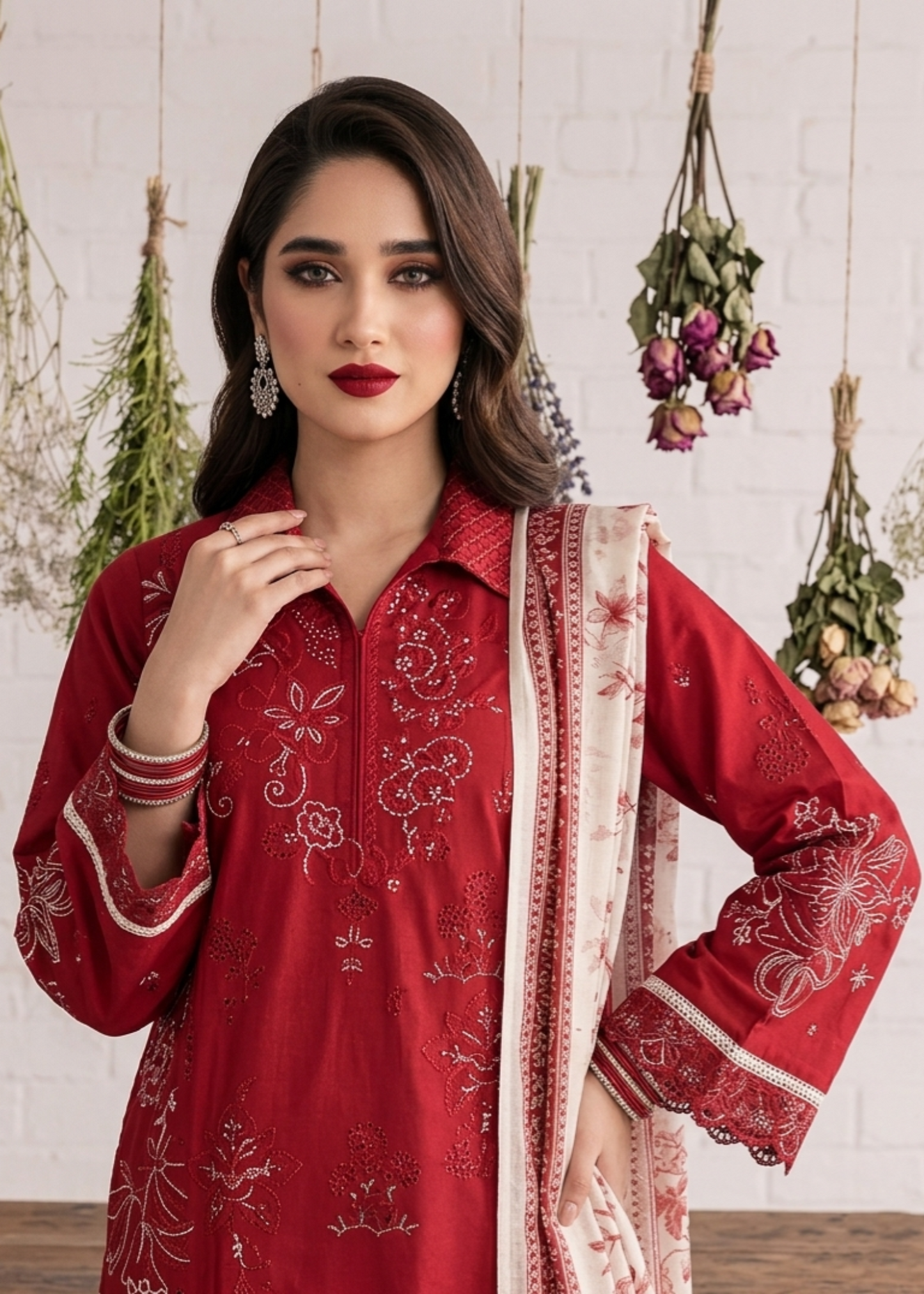 Red Embroidered Lawn Kurta Suit Online in UK USA Canada