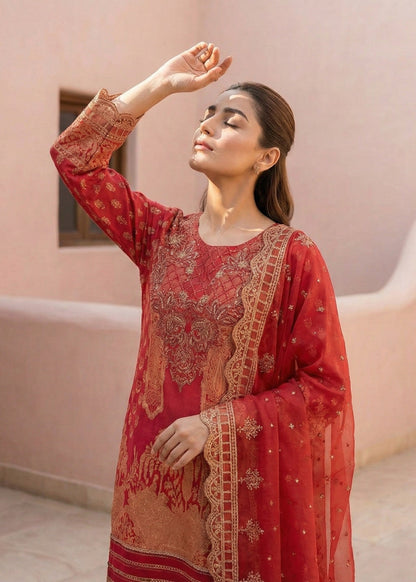 Red Embroidered Lawn Loose Fit Kurta Suit Online in Dubai DXB UAE Abudhabi Meena Bazaar