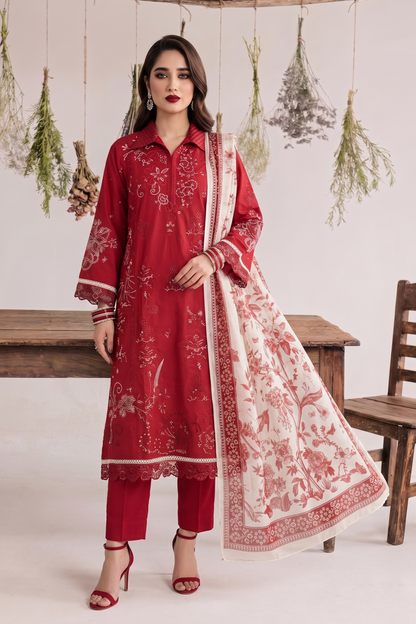 Red Embroidered Lawn Partywear Salwar Suit Online in Dubai UAE Abudhabi Ajman Sharjah