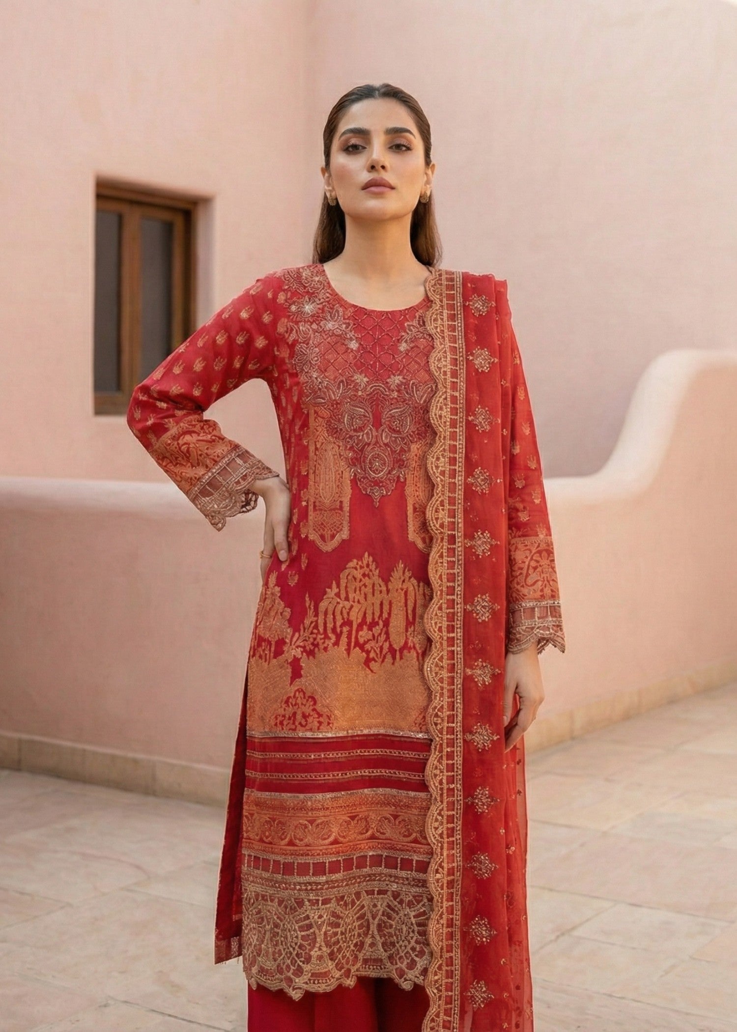 Red Embroidered Lawn Partywear Suit Online in Sri Lanka India Australia