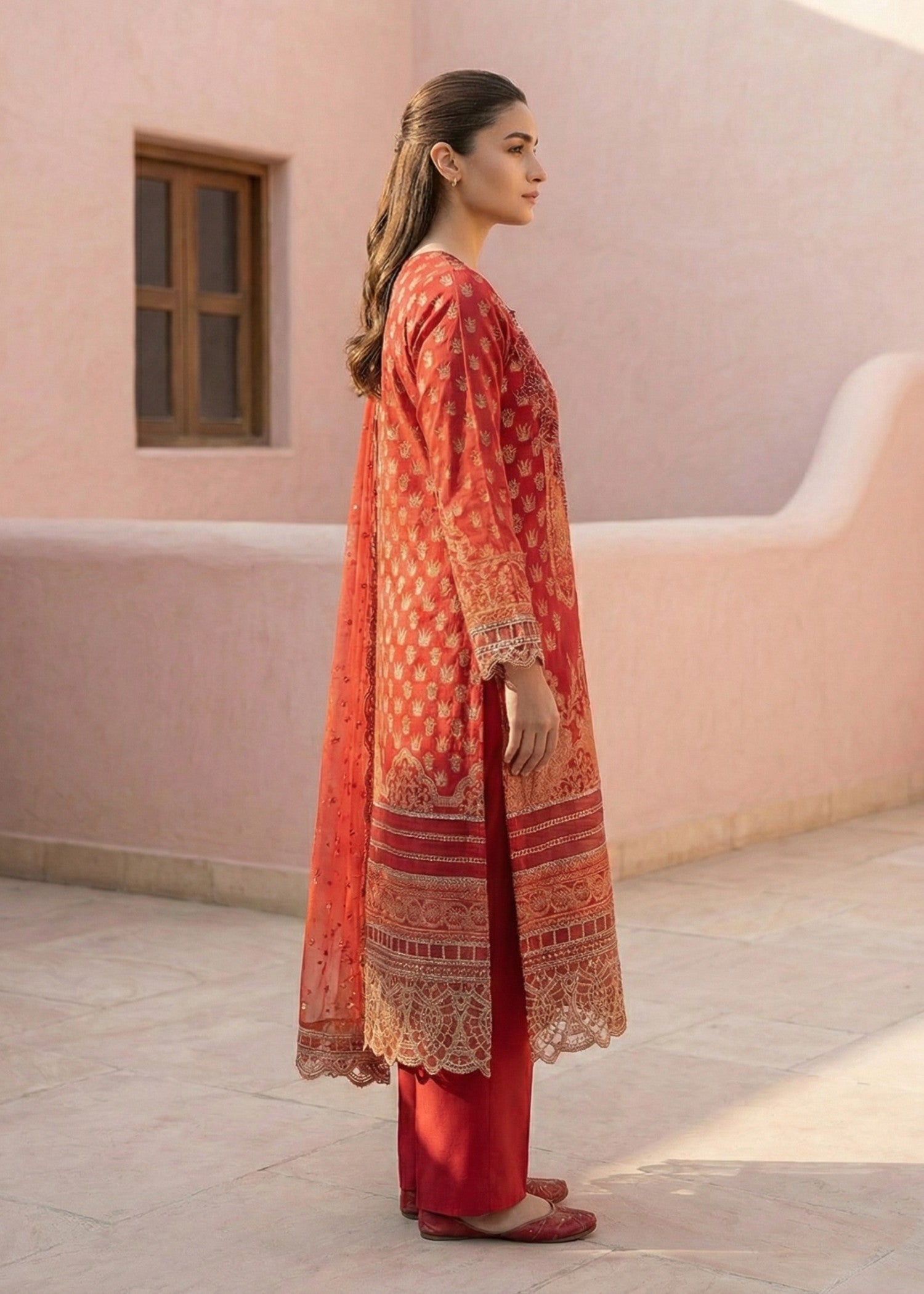 Red Embroidered Lawn Straight Kurta Suit Online in Dubai UAE Abudhabi Ajman Sharjah