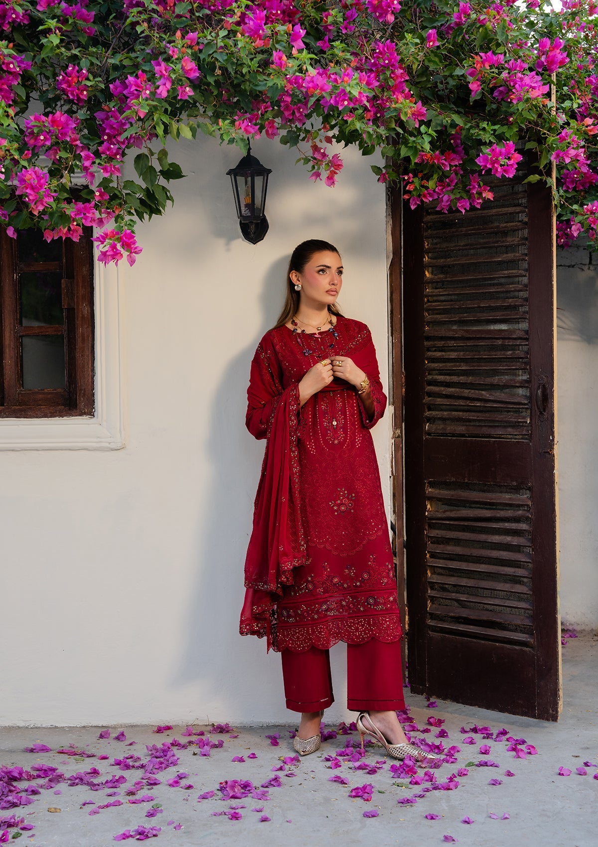 Red Embroidered Lawn Suit Online in Dubai DXB UAE Abudhabi Meena Bazaar