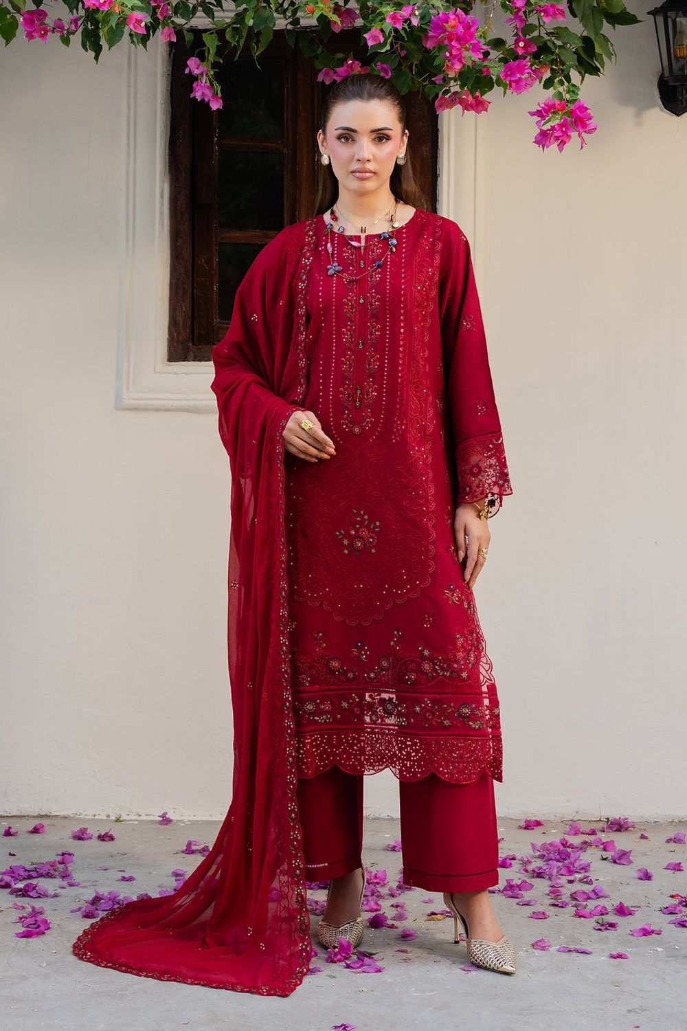Red Embroidered Lawn Suit Online in Dubai UAE Abudhabi Ajman Sharjah