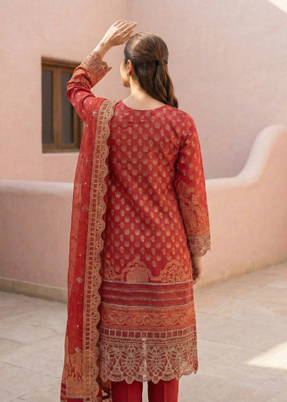 Red Embroidered Lawn Suit with Organza Dupatta Online in Dubai DXB UAE Abudhabi Meena Bazaar
