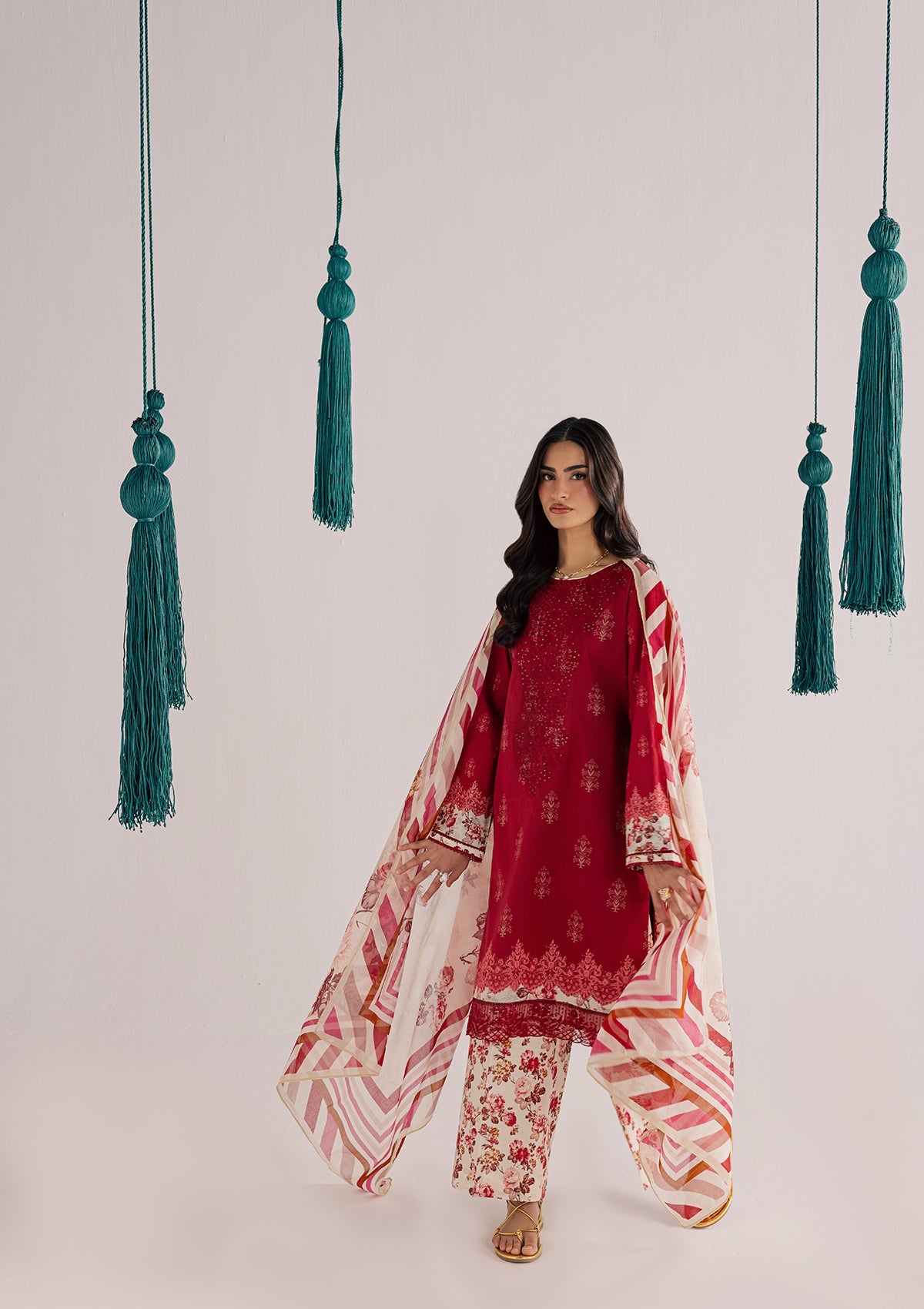 Red Embroidered Lawn Three Piece Online in Dubai UAE Abudhabi Ajman Sharjah