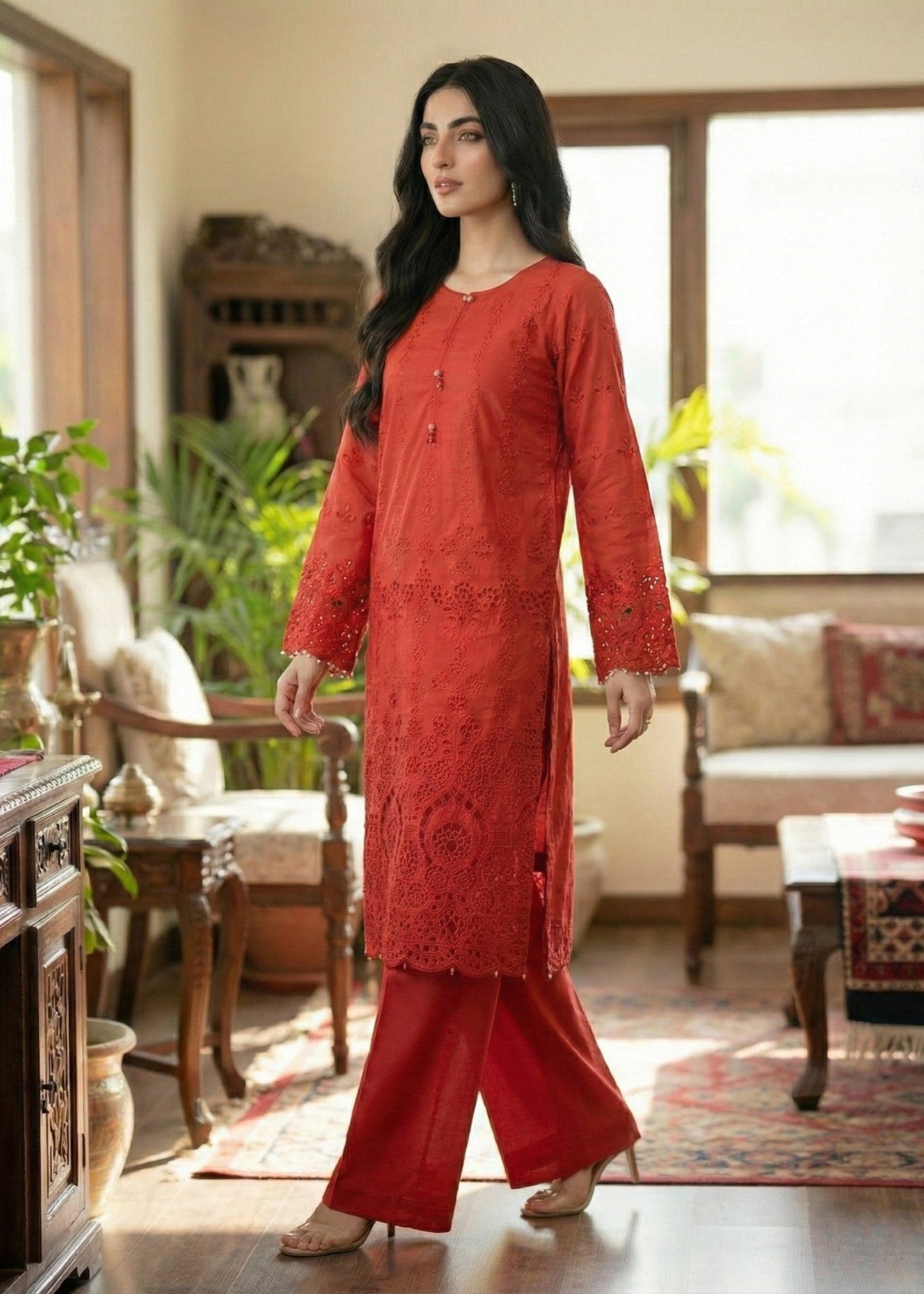 Red Embroidered Lawn Trouser Chiffon Dupatta Suit Online in Dubai DXB UAE Abudhabi Meena Bazaar