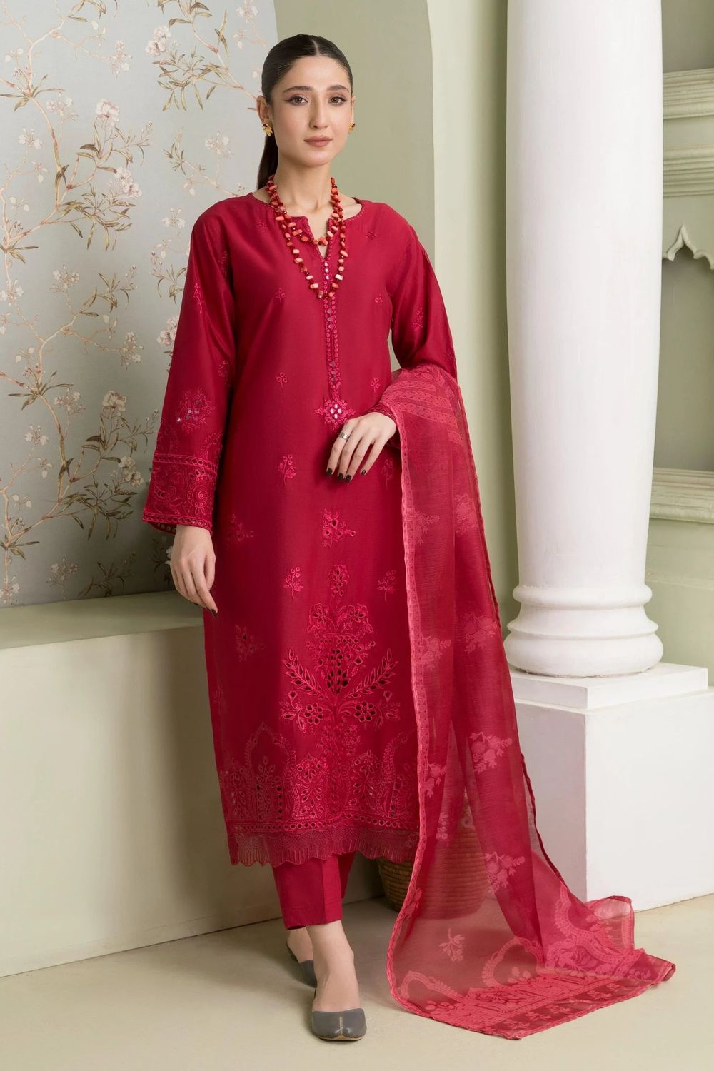 Red Embroidered Linen Kurta Set Online in Dubai UAE Abudhabi Ajman Sharjah