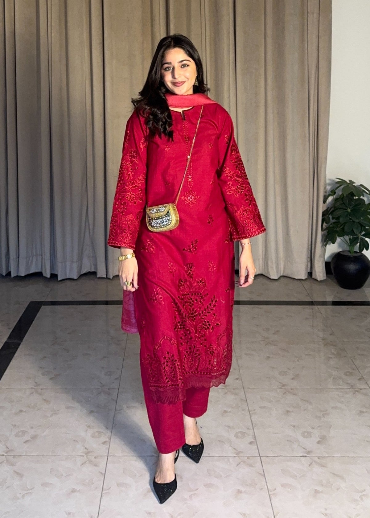 Red Embroidered Linen Pakistani Clothes Online in Sri Lanka India Australia