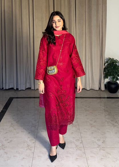Red Embroidered Linen Pakistani Clothes Online in Sri Lanka India Australia
