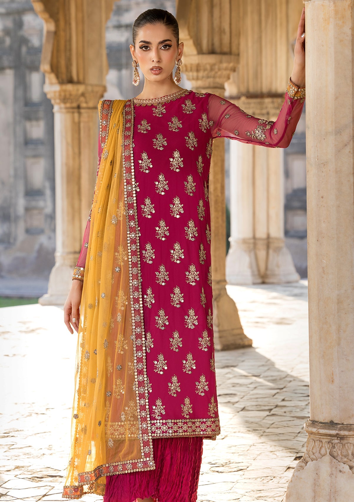 Red Embroidered Net Dress Material Online in Dubai UAE Abudhabi Ajman Sharjah