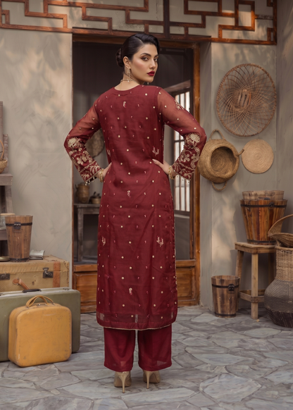 Red Embroidered Organza 3 Piece Suit Online in Dubai UAE Abudhabi Ajman Sharjah