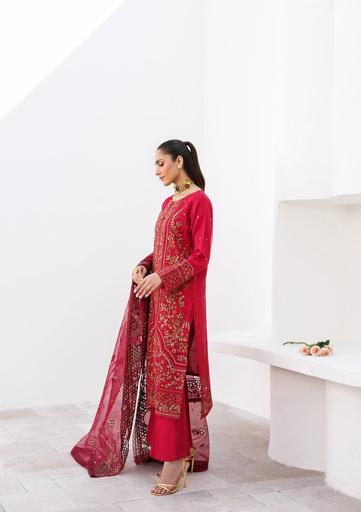 Red Embroidered Organza 3 Piece Suit Online in Sri Lanka India Australia