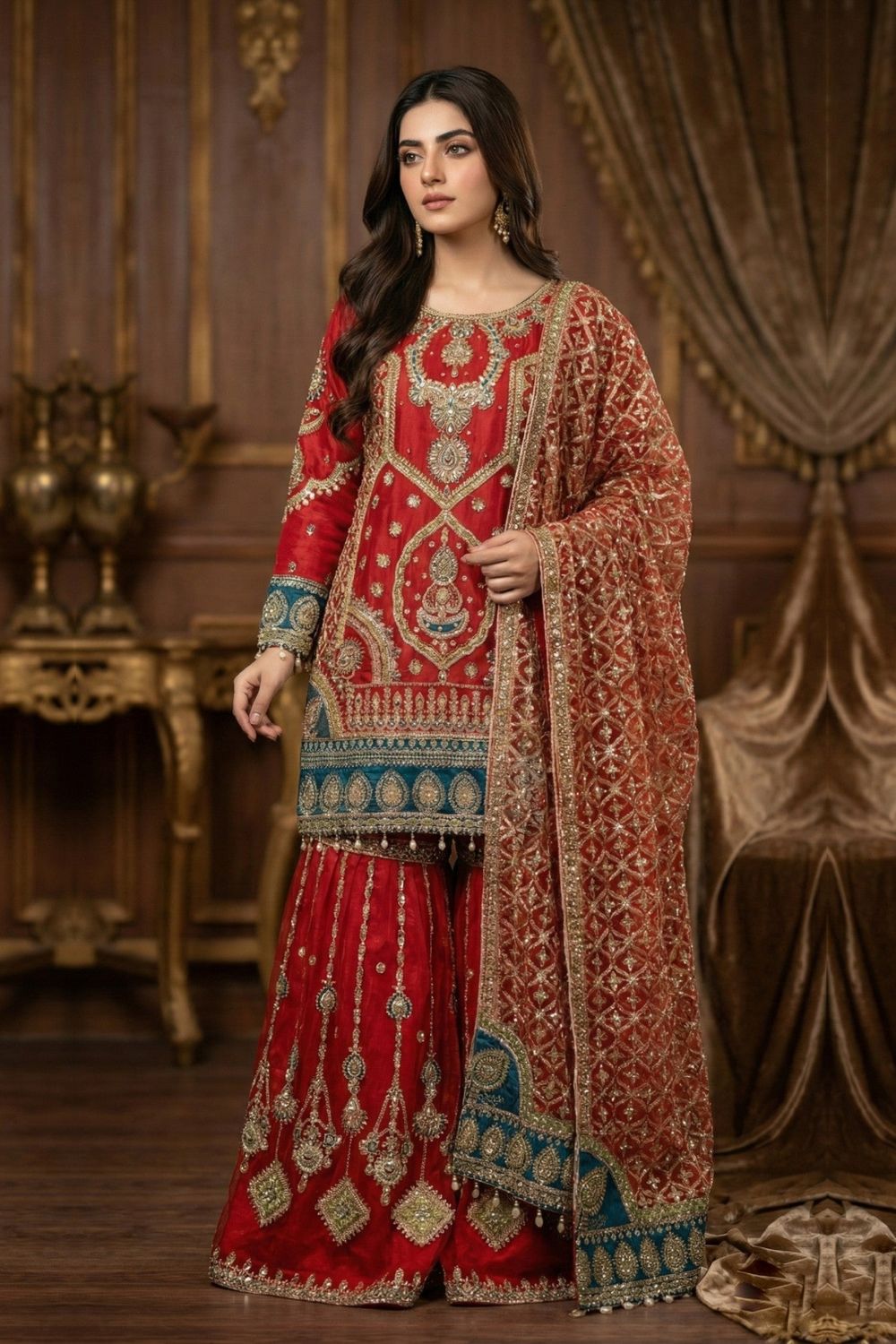 Red Embroidered Organza Festive Suit Online in Dubai UAE Abudhabi Ajman Sharjah