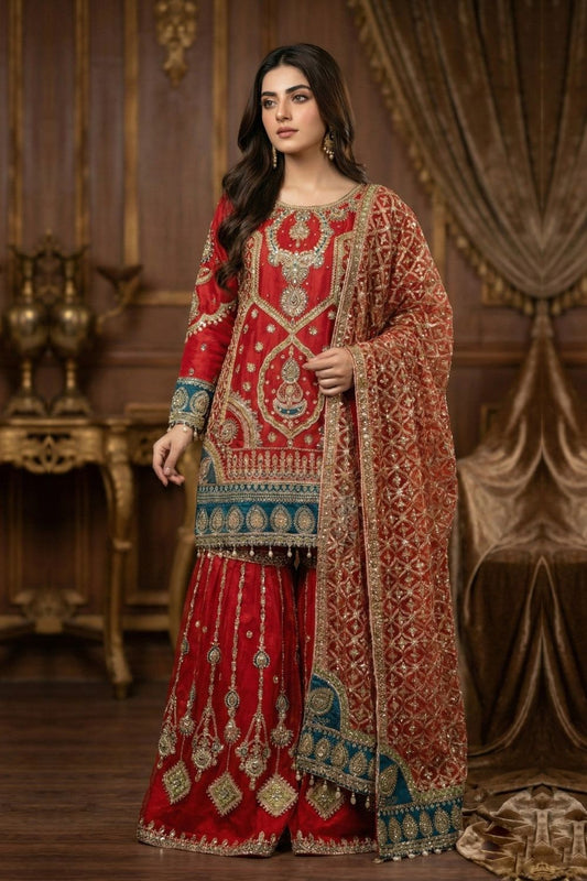 Red Embroidered Organza Festive Suit Online in Dubai UAE Abudhabi Ajman Sharjah