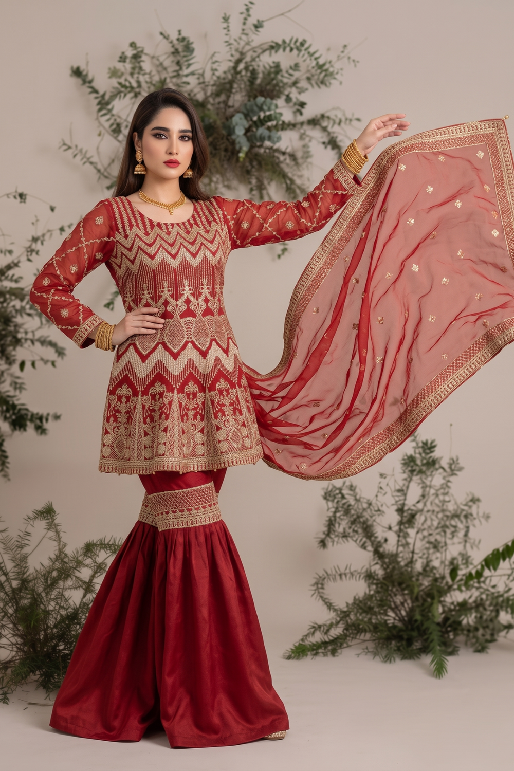 Red Embroidered Organza Gharara Suit Online in Dubai UAE Abudhabi Ajman Sharjah