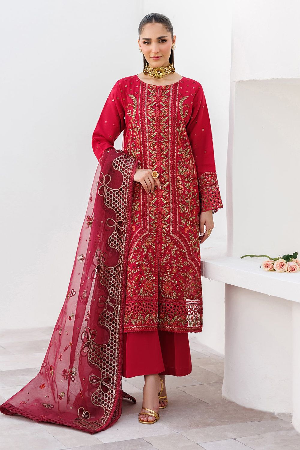 Red Embroidered Organza Party Wear Suit Online in Dubai UAE Abudhabi Ajman Sharjah