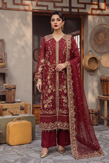 Red Embroidered Organza Salwar Kameez Online in Dubai UAE Abudhabi Ajman Sharjah