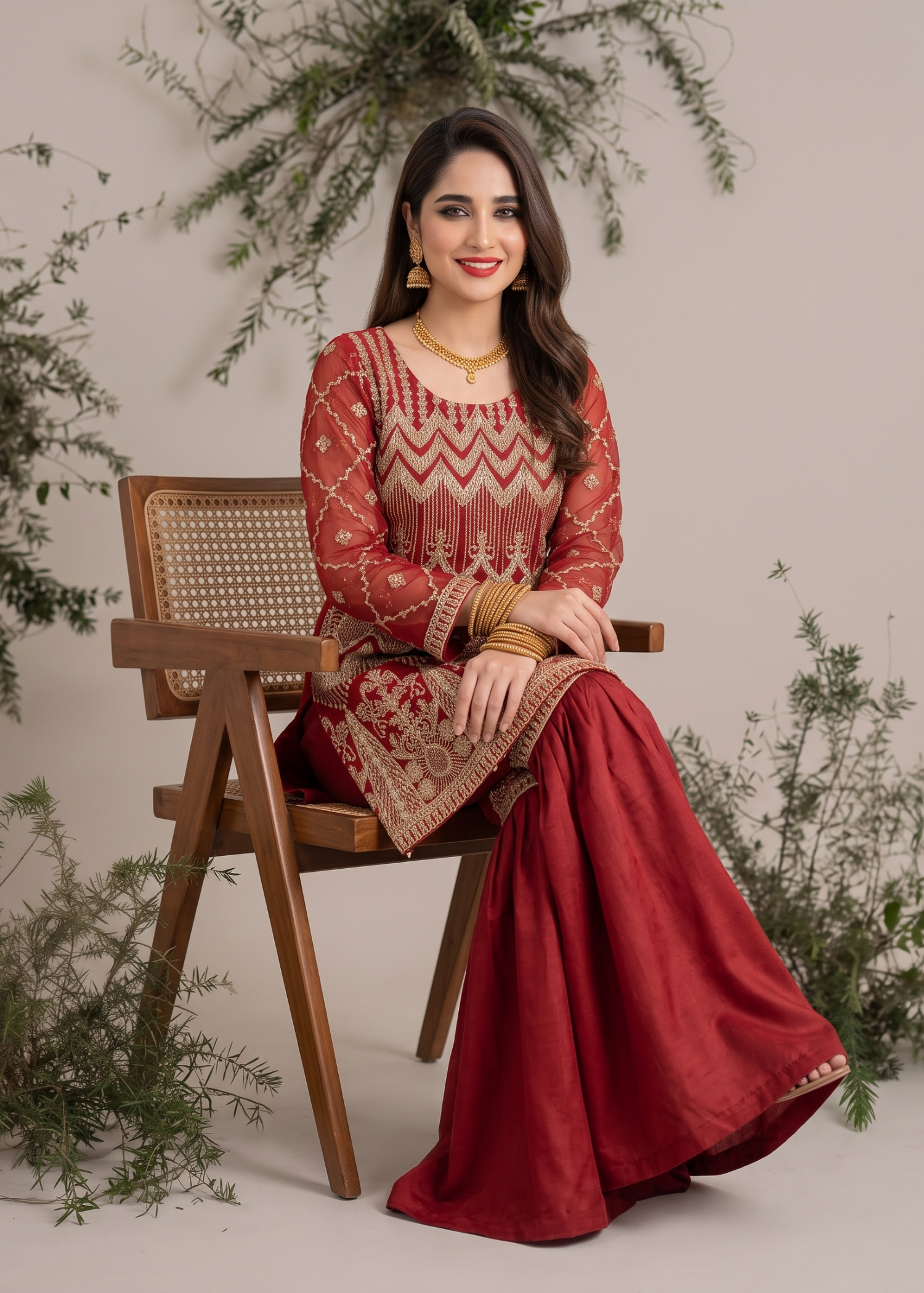 Red Embroidered Organza Sharara Gharara Online in Dubai UAE Abudhabi Ajman Sharjah