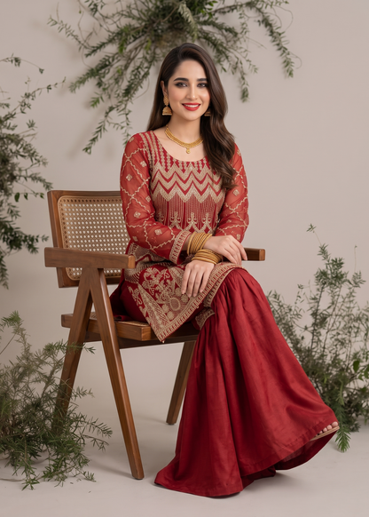 Red Embroidered Organza Sharara Gharara Online in Dubai UAE Abudhabi Ajman Sharjah