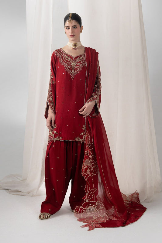 Red Embroidered Raw Silk Farshi Shalwar Online in Dubai UAE Abudhabi Ajman Sharjah