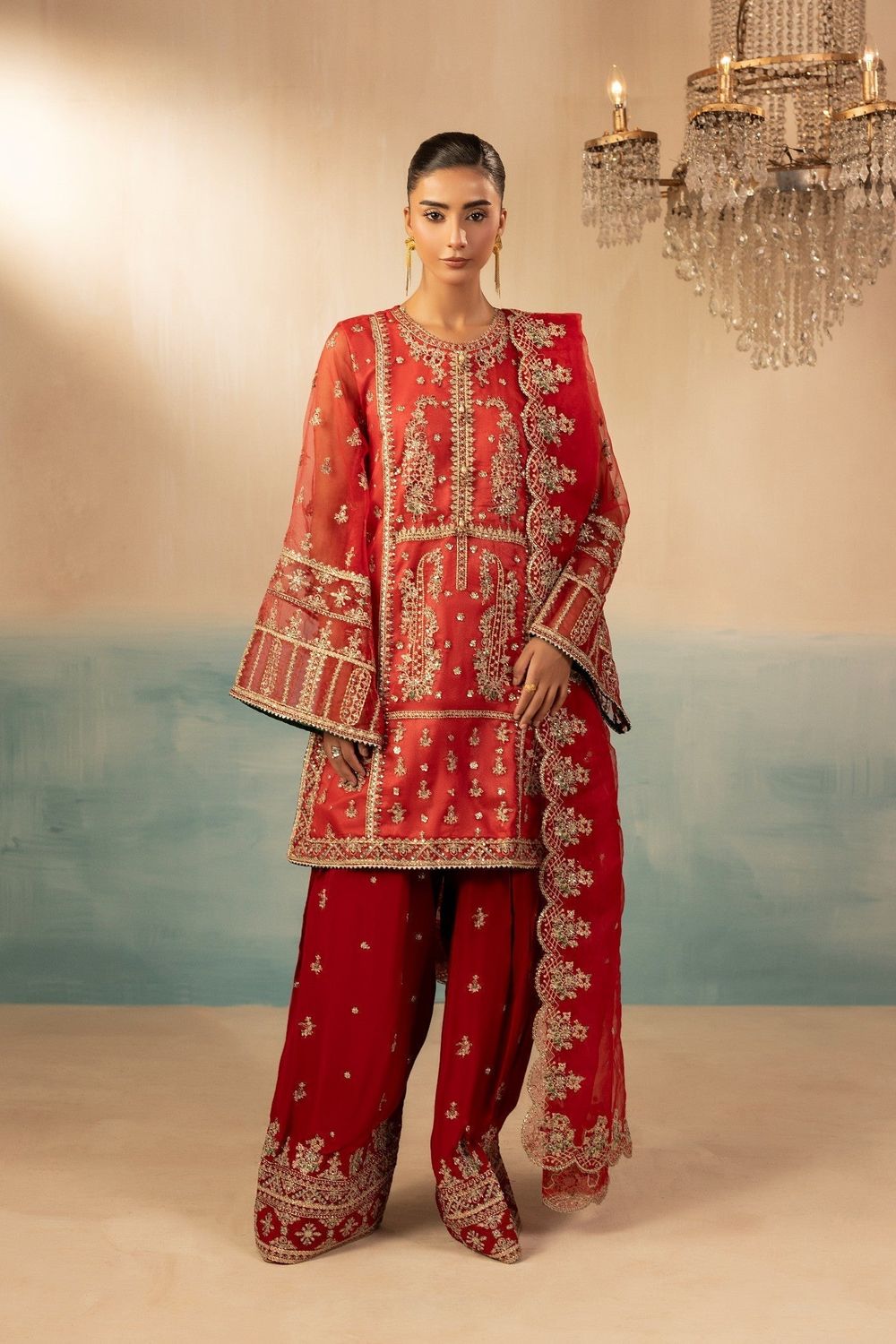 Red Embroidered Raw Silk Farshi Shalwar Suit Online in Dubai UAE Abudhabi Ajman Sharjah