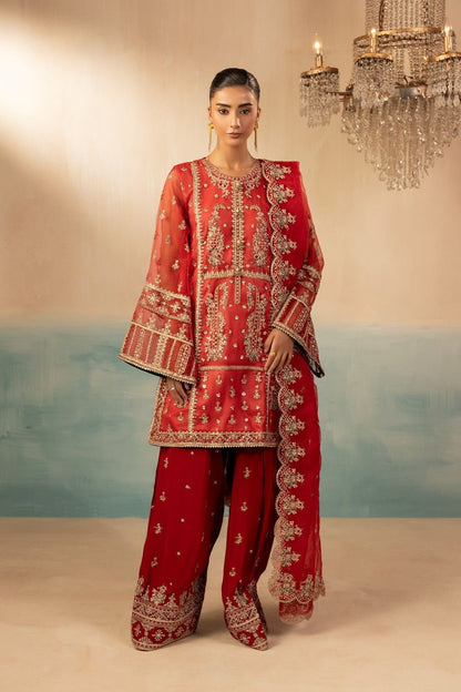 Red Embroidered Raw Silk Farshi Shalwar Suit Online in Dubai UAE Abudhabi Ajman Sharjah