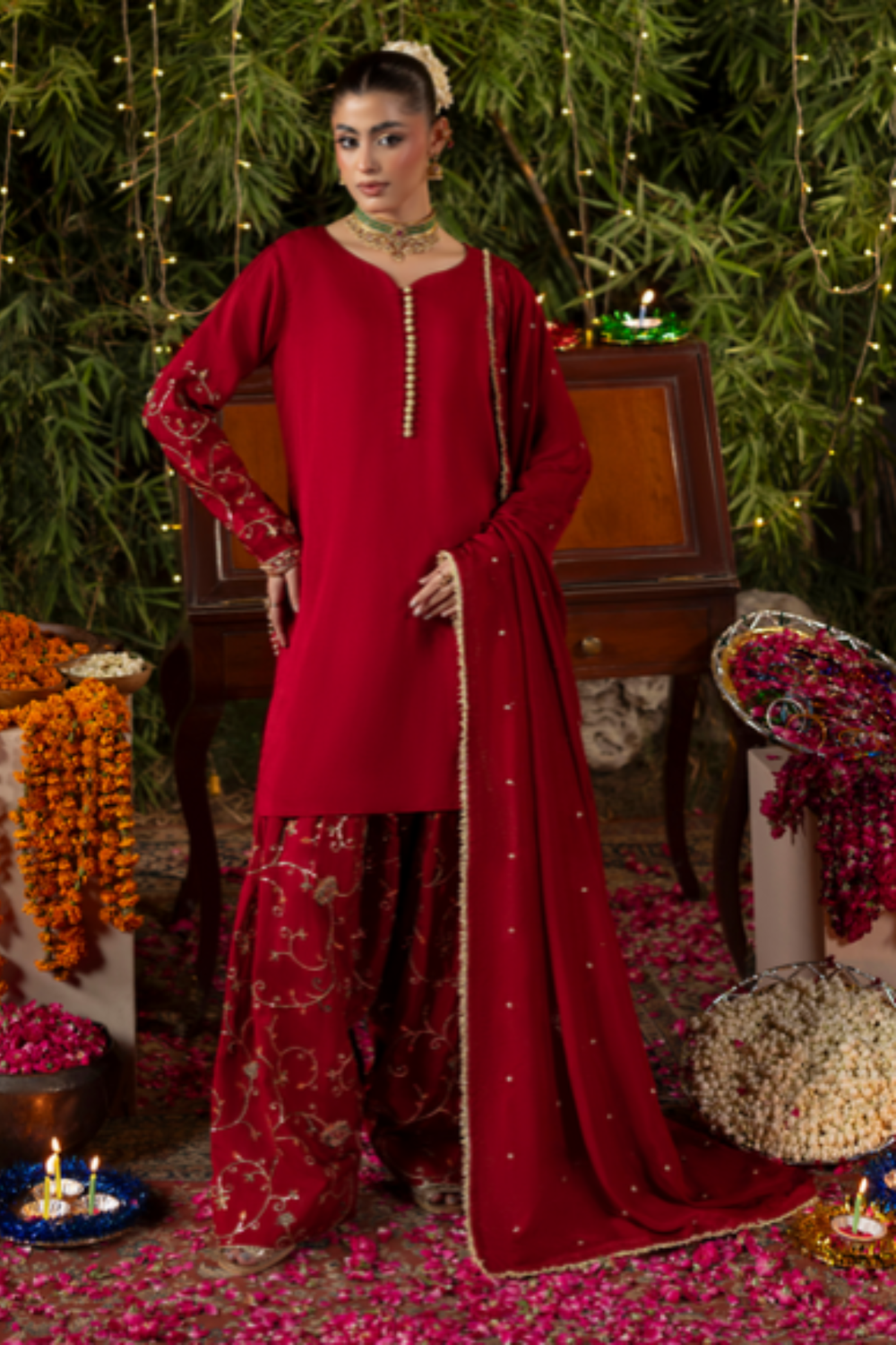 Red Embroidered Raw Silk Farshi Shalwar Suit Online in Dubai UAE Abudhabi Ajman Sharjah