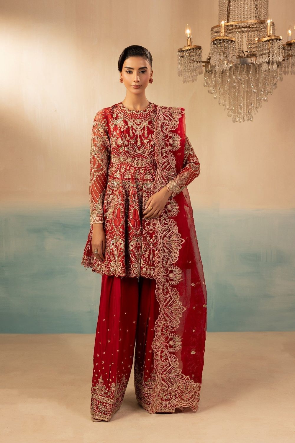 Red Embroidered Raw Silk Farshi Shalwar Suit Online in Dubai UAE Abudhabi Ajman Sharjah