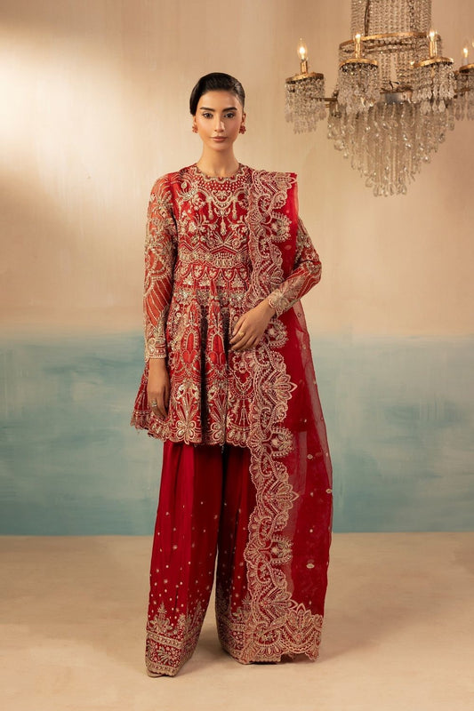 Red Embroidered Raw Silk Farshi Shalwar Suit Online in Dubai UAE Abudhabi Ajman Sharjah