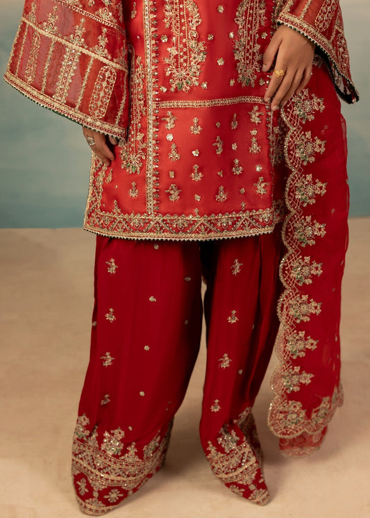 Red Embroidered Raw Silk Pakistani Suit Online in Sri Lanka India Australia