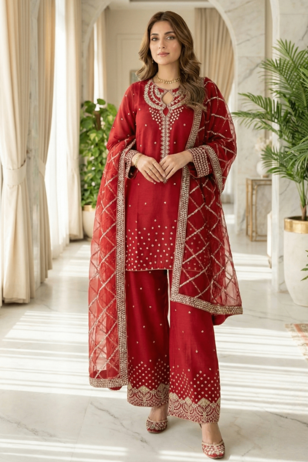 Red Embroidered Raw Silk Party Wear Suit Online in Dubai UAE Abudhabi Ajman Sharjah