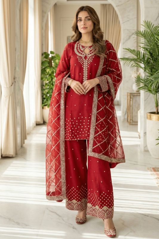 Red Embroidered Raw Silk Party Wear Suit Online in Dubai UAE Abudhabi Ajman Sharjah