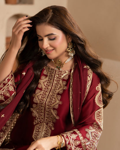 Red Embroidered Shamoz Silk Formal Shalwar Kameez Online in Sri Lanka India Australia