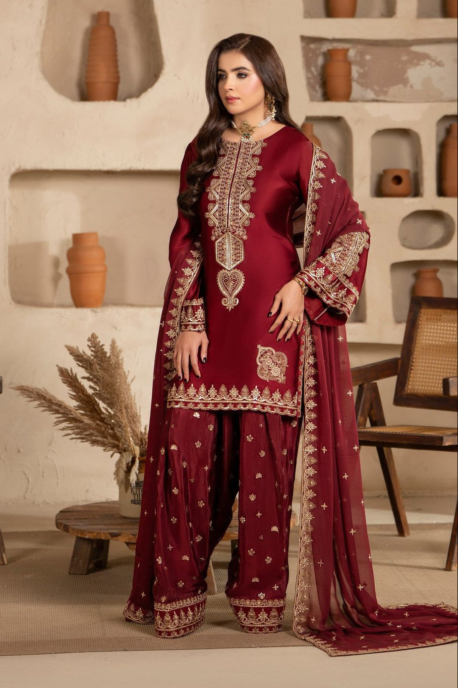 Red Embroidered Shamoz Silk Pakistani Suit Online in Dubai UAE Abudhabi Ajman Sharjah